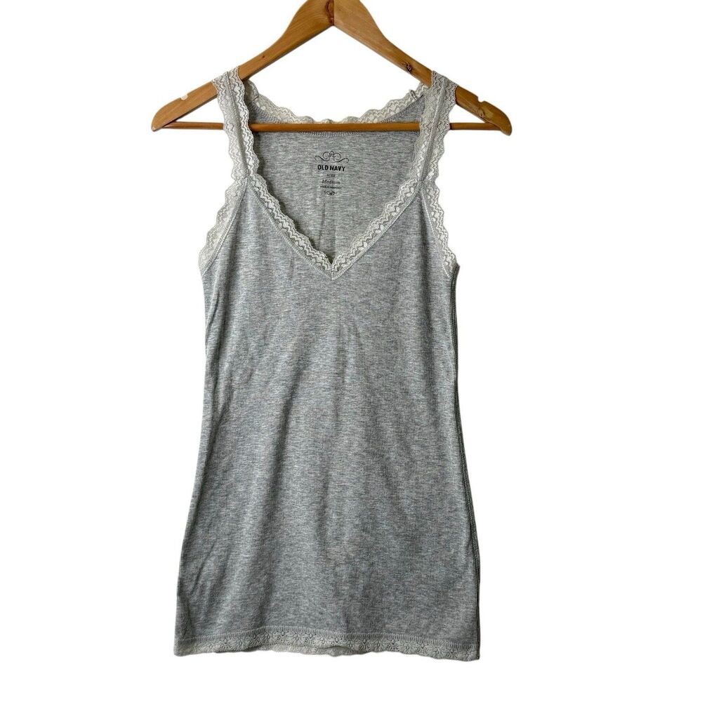Old Navy Womens Y2K Lace Trim Tank Top M Gray Elena Gilbert Preppy 90S Coquette
